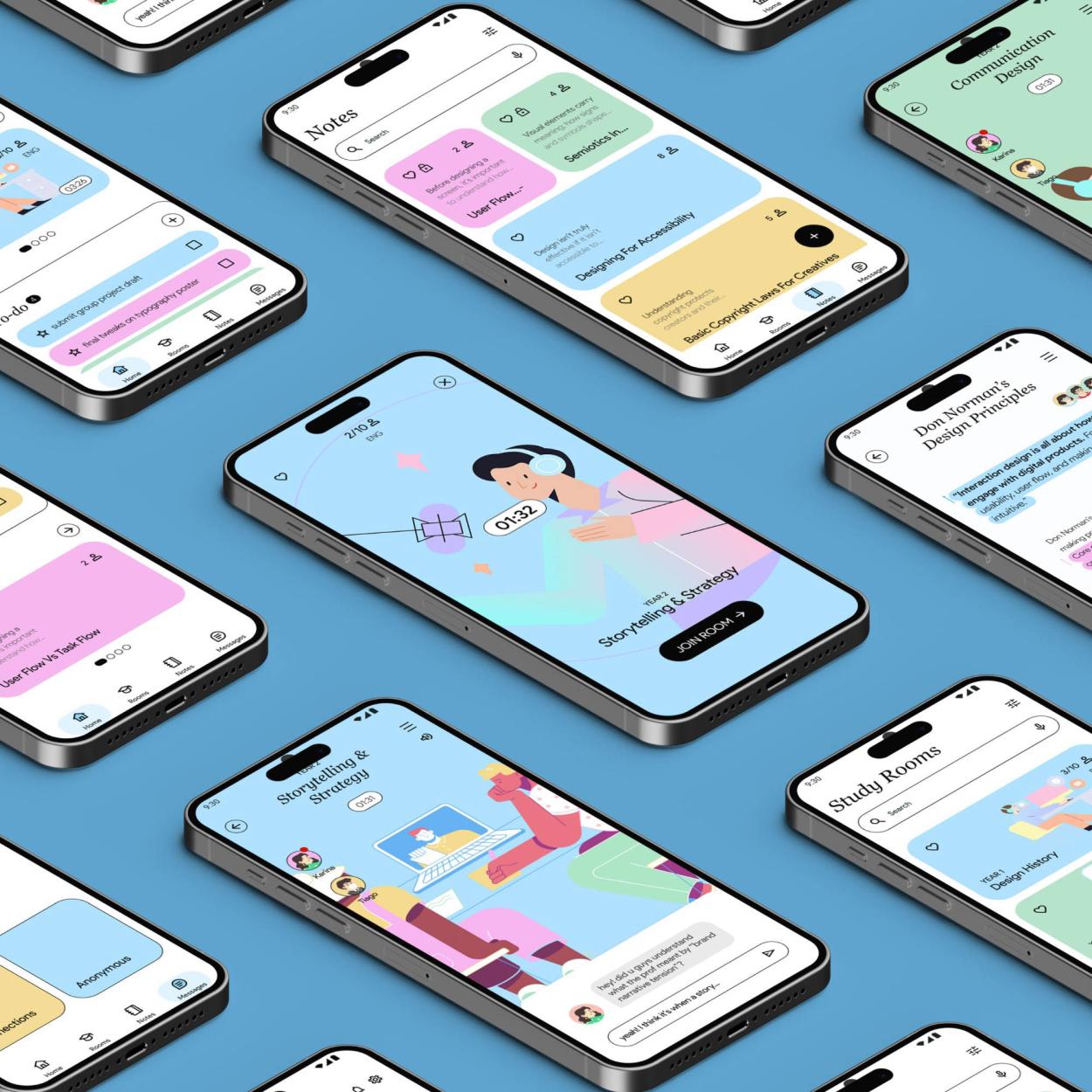 Isometric view of multiple mobile phones on a blue background displaying a colourful study app named “StudyBuddies” with virtual study rooms