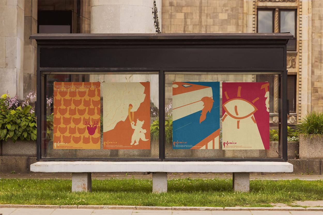 4 illustrated adverts of Pelomico on a bus stop 
