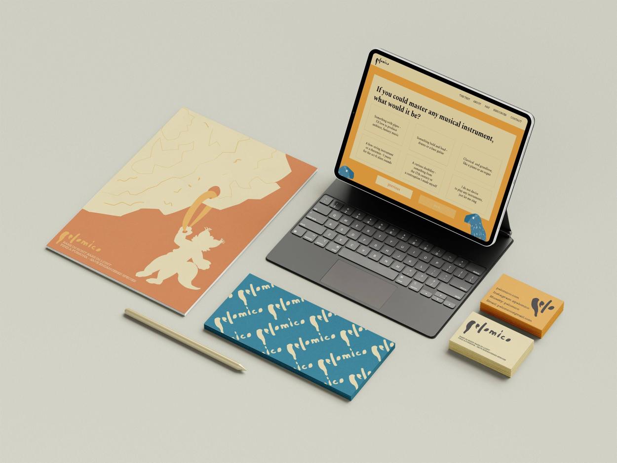 a set of branded stationaries and a laptop featuring the Pelomico website