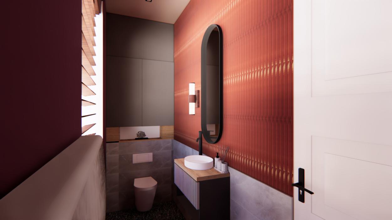 Ambulant bathroom with red tiles feature wall, round mirror, and toilet.