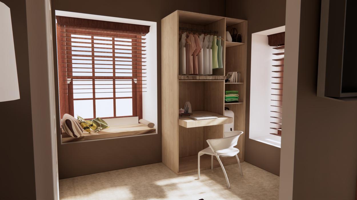 Guest bedroom corner with alcove, timber blinds, bespoke wardrobe, desk and chair.