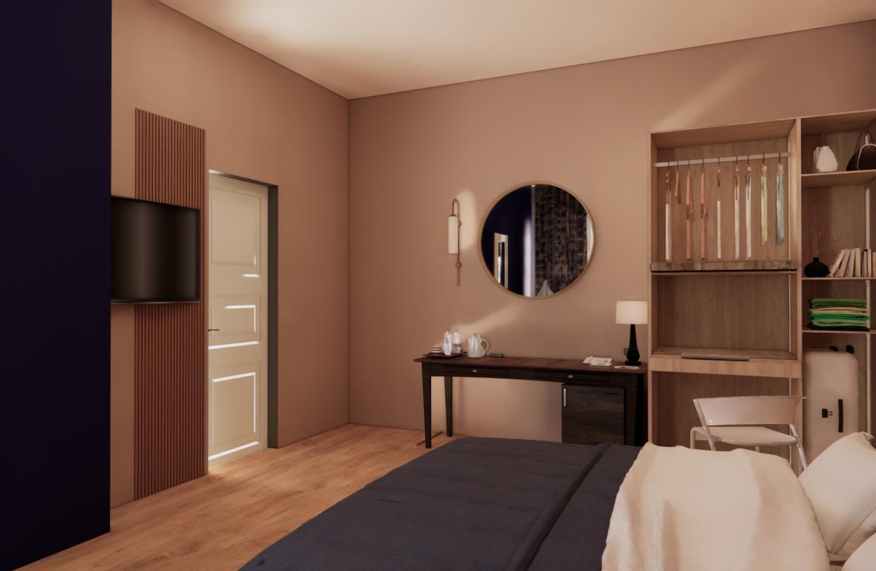 Boutique hotel bedroom with warm tones, timber storage, desk, mirror and wall-mounted TV.