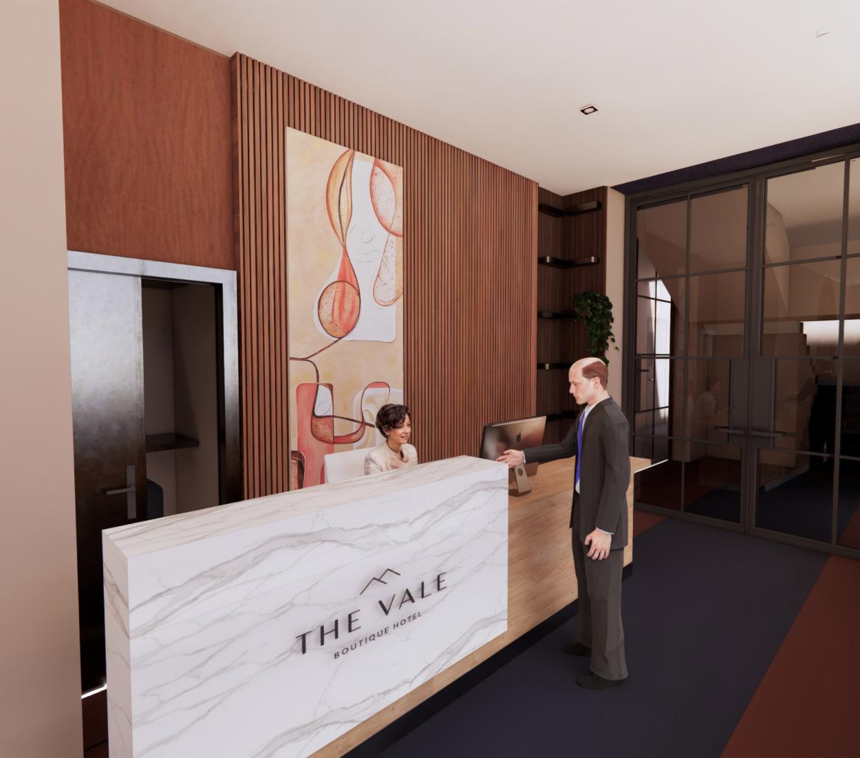 Hotel reception with marble front desk, timber wall panelling, artwork and guest interaction.