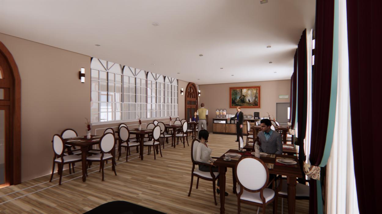 Hotel dining area with traditional seating, large windows, curtains and buffet counter.