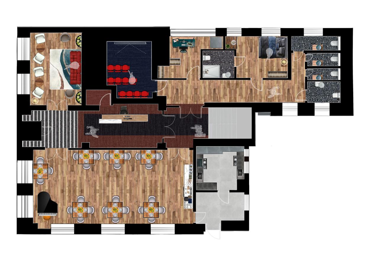 Ground floor layout showing reception, dining, lounge, cinema, kitchen, fire lobbies and guest facilities.