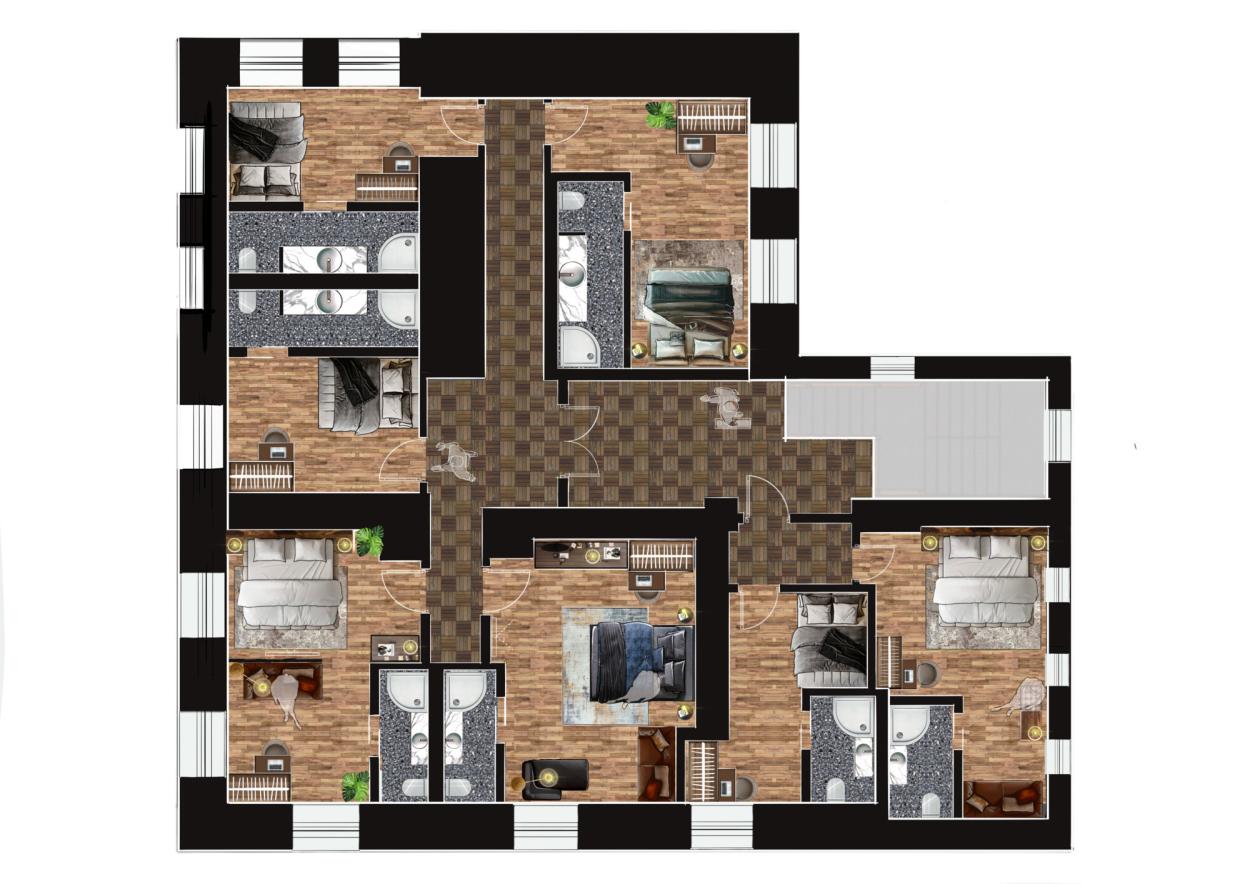 First floor layout showing bedrooms, bathrooms, circulation areas, fire lobbies and guest accommodation.