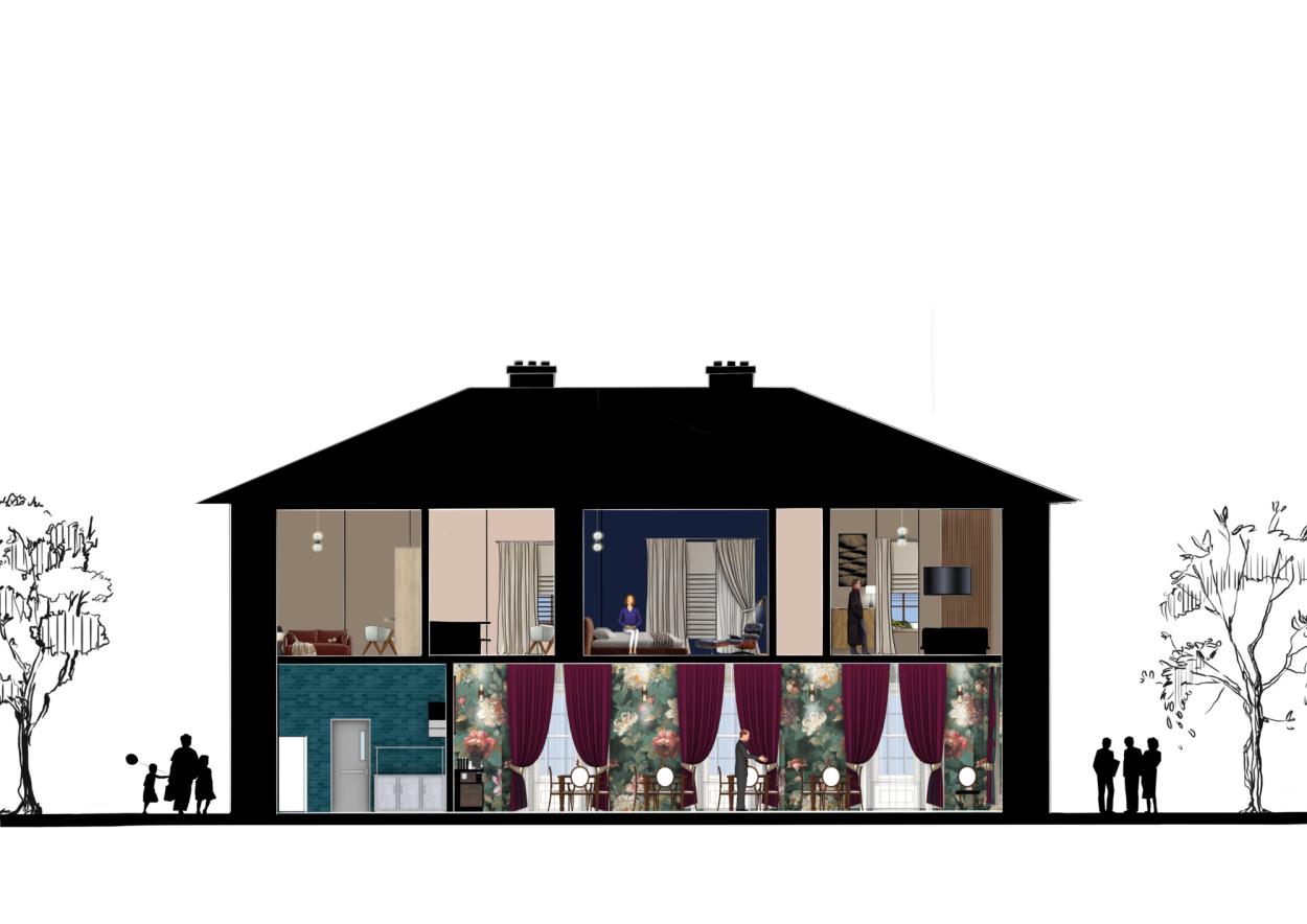 Building section showing hotel rooms above dining and kitchen spaces below.