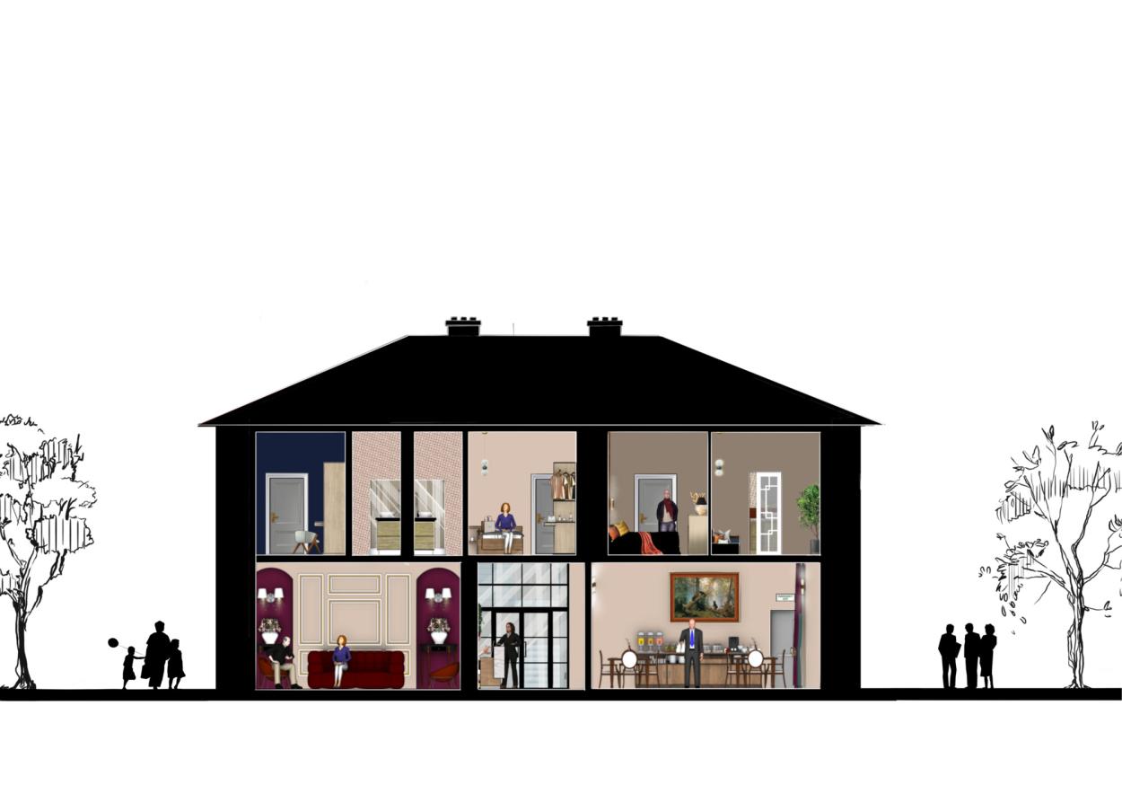 Building section showing reception, lounge, dining room and upper guest rooms.