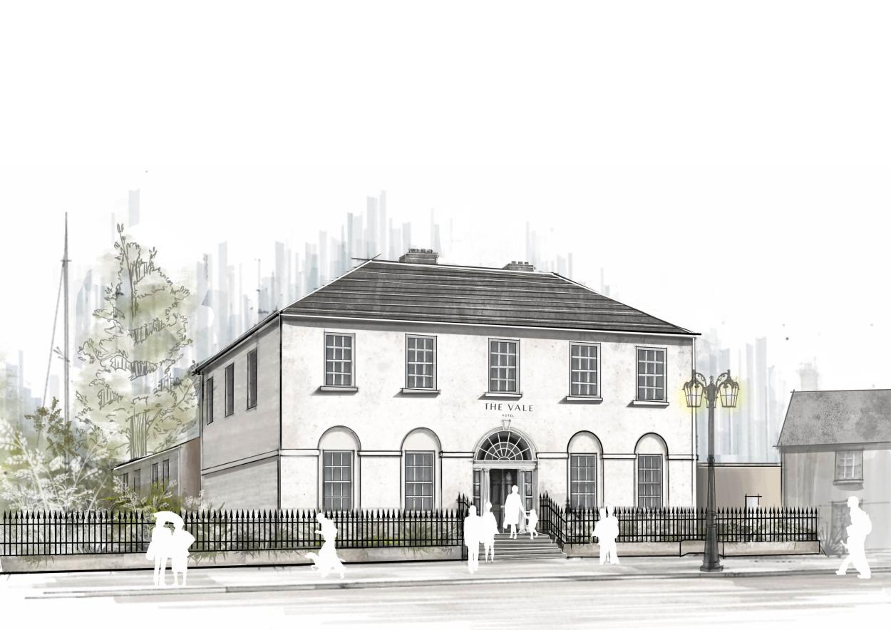 Street-facing view of The Vale Hotel with historic facade, railings, planting and pedestrian activity.