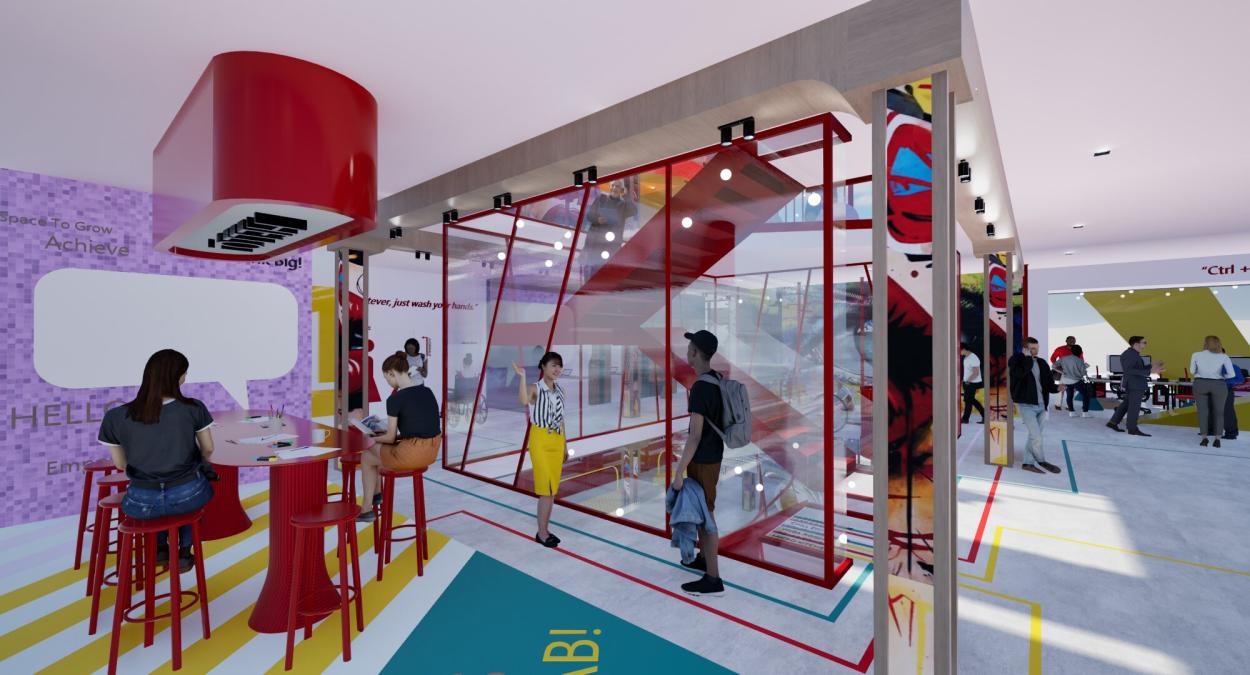 Collaborative workspace with high tables, glass staircase enclosure, and concrete  flooring with rubber wayfinding lines designed for student interaction and easy  navigation.