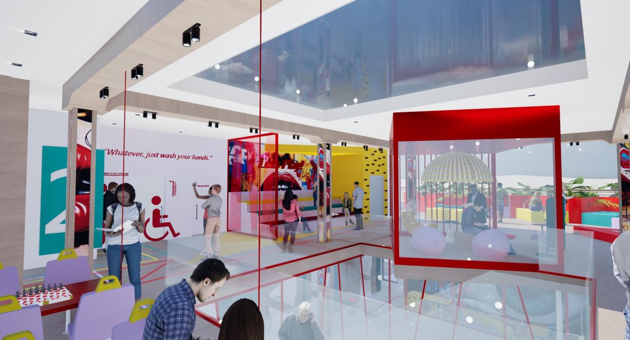 Micro kitchen area with Luas-inspired seating, social dining spaces, and breakout zones  for community interaction.