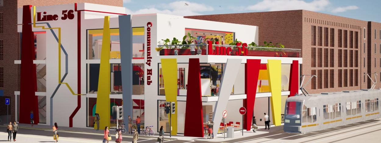 Exterior building view showing the vibrant façade of Line 56 Community Hub with strong  vertical elements and urban street connection.