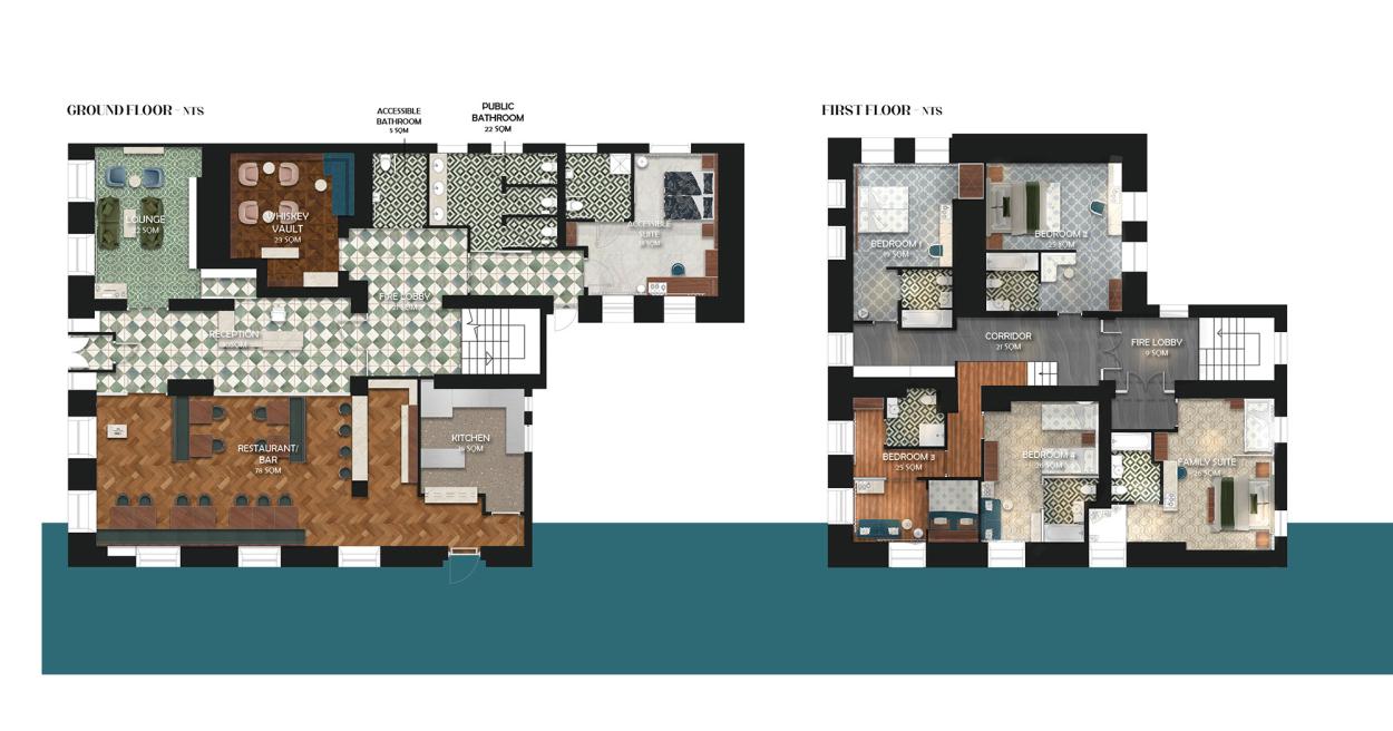 Image shows textured floorplans for both ground and first floor, featuring the restaurant, whiskey vault, lounge, bathrooms, bedrooms and hallways. 