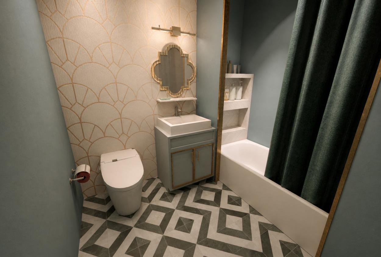 Image shows a hotel guest bathroom render with patterned floor tiles, blue-green walls, art deco wall covering, brass details, vanity unit, toilet, bathtub, shelving and a dark green shower curtain. 