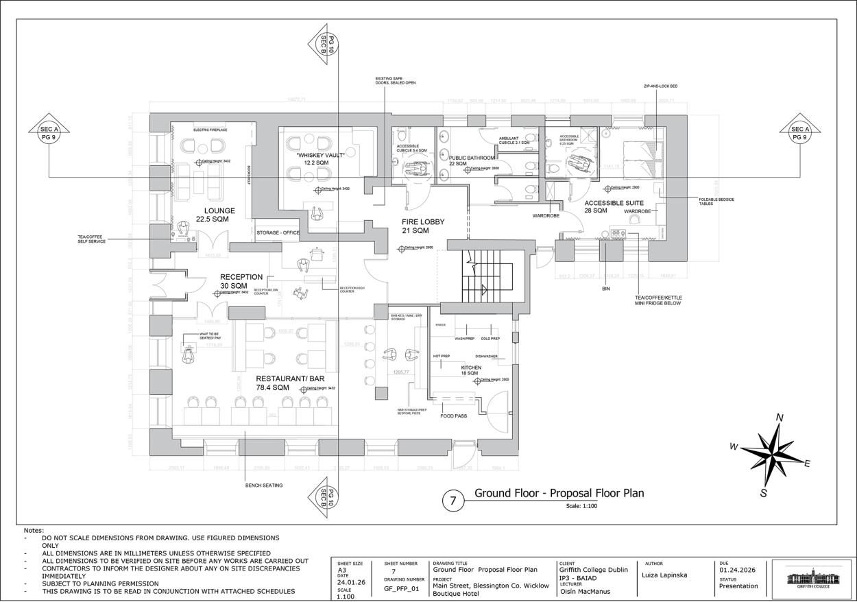 Image shows a technical drawing of the ground floor plan showing section lines, annotations and notes. 