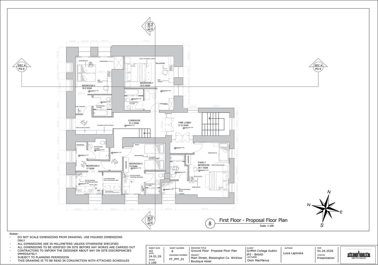 Image shows a technical drawing of the first-floor plan showing section lines, annotations and notes.
