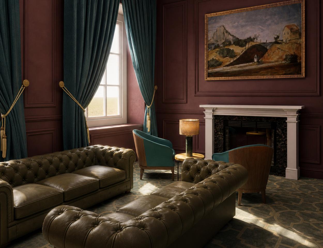 Image shows a lounge render with burgundy panelled walls, teal curtains, leather sofas, armchairs, fireplace, framed impressionist artwork, patterned carpet and warm, atmospheric lighting. 