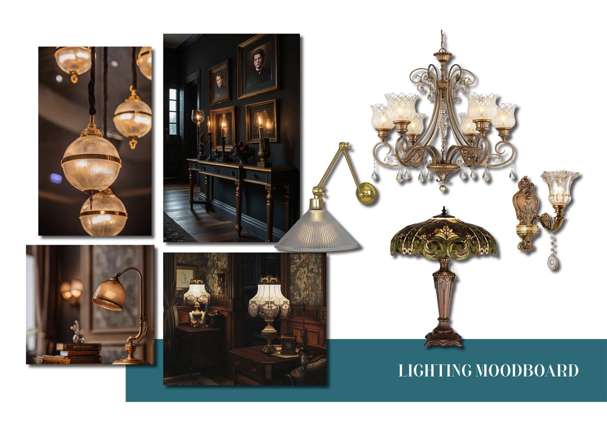 Image shows a lighting moodboard for Ink & Oak boutique hotel showing warm Victorian-inspired chandeliers, wall lights, desk lamps, stained-glass lamps, brass finishes, dark interiors and layered, atmospheric lighting. 