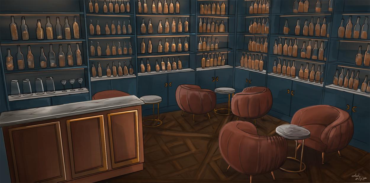 Image shows the Whiskey vault interior illustration with blue built-in shelving, warm backlighting, marble-topped bar, engineered hardwood flooring, brass details, small tables and plush lounge chairs. 