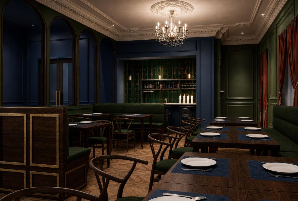 Image shows a restaurant and bar render for Ink & Oak, showing dark green and blue panelled walls, warm timber furniture, banquette seating, chandelier, ornate ceiling mouldings, red curtains and warm layered lighting. 