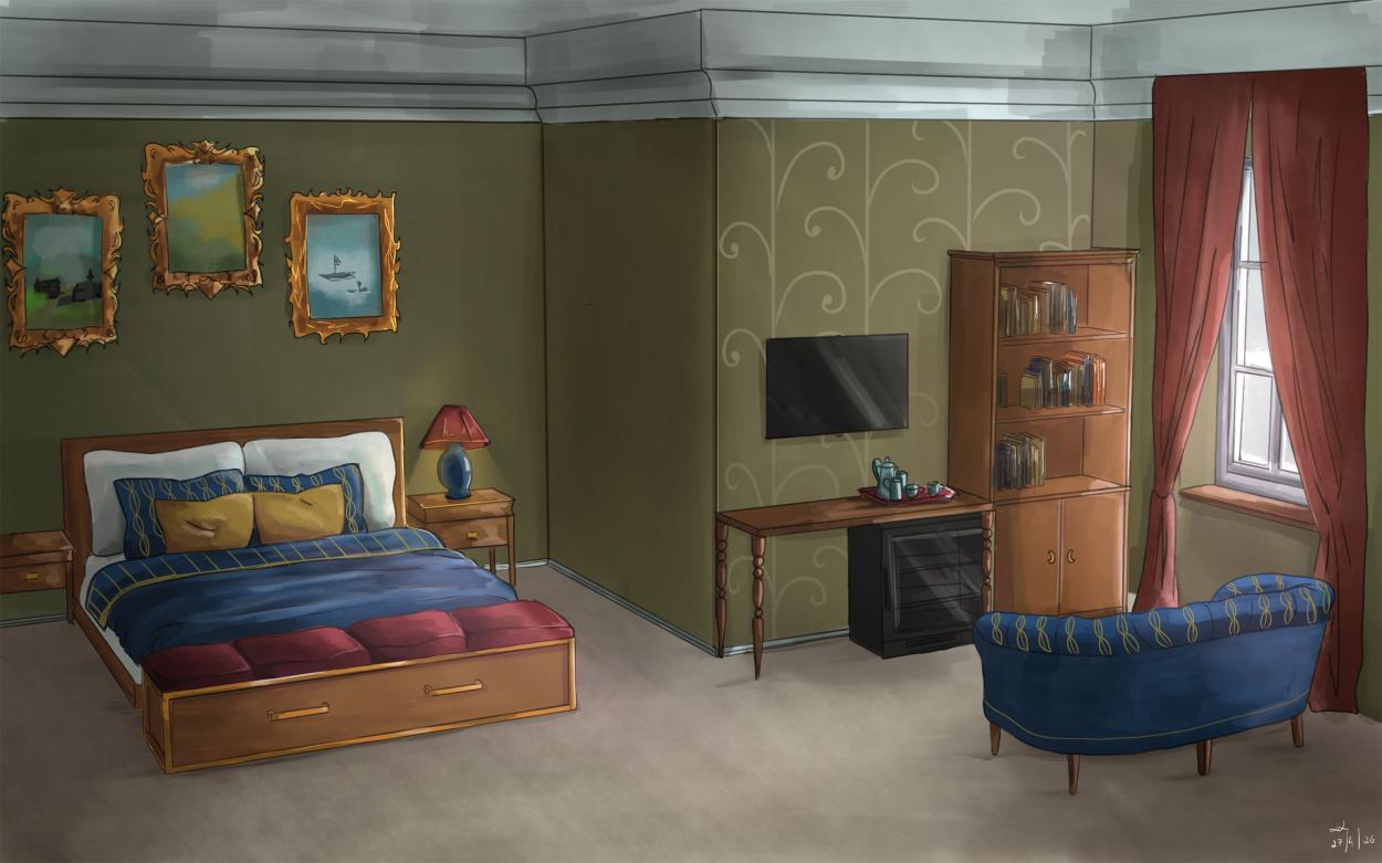 This image shows a hand-rendered illustration of a guest bedroom with olive walls, blue bedding and sofa, red curtains, timber furniture, framed artwork, bookcase, TC, mini fridge and tea station. 