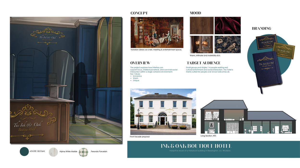 This image shows a concept presentation board for Ink & Oak, showing reception hand render, Victorian library inspiration, mood and material samples, project overview, target audience, branding, façade proposal and a long section.