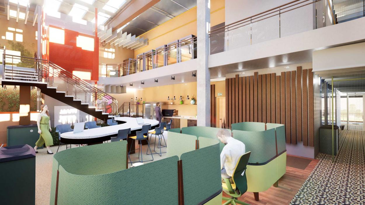 The image shows a perspective view of how the stairs are integrated with the kitchen area, work areas, and main entrance hallway. We can also see the upper area, the phone booth, and how natural light decor the space. 