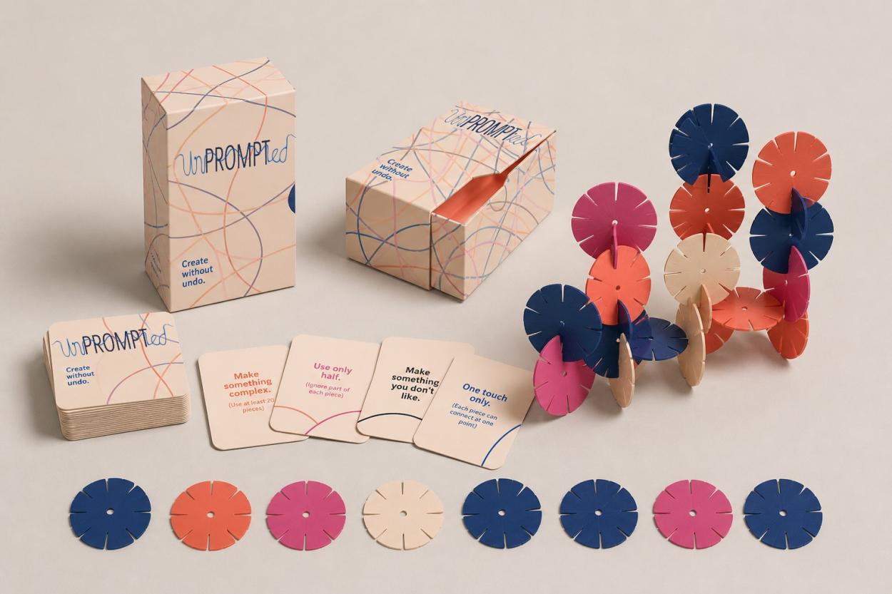 The image presents the full game system on a neutral beige background, including packaging, prompt cards, and colourful interlocking pieces. On the left, two packaging designs are displayed: a standing box and a sliding drawer-style box, both featuring abstract flowing line graphics in blue, pink, and orange with the handwritten-style Unprompted logo and the tagline “Create without undo.” Below the packaging is a stack of square prompt cards alongside several displayed examples with creative instructions su