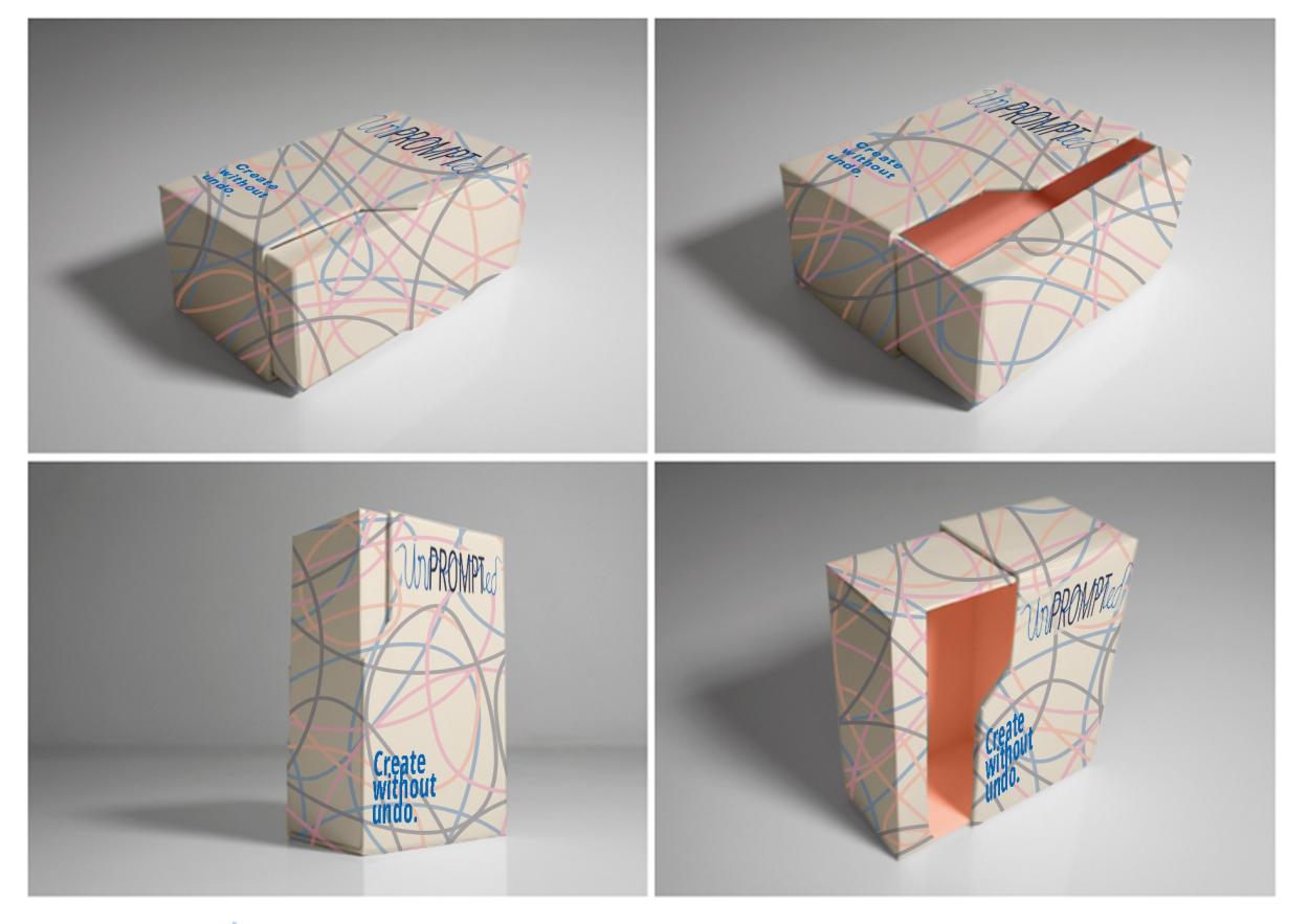 Four-panel packaging mockup for Unprompted, a modular creativity game focused on experimentation and human-centred design. The image showcases the packaging from multiple angles against a soft grey studio background. The packaging features a cream base colour with overlapping flowing line graphics in blue, pink, grey, and orange, creating an energetic and playful visual identity. The handwritten-style Unprompted logo appears across the top surfaces, while the tagline “Create without undo.” is printed in bol