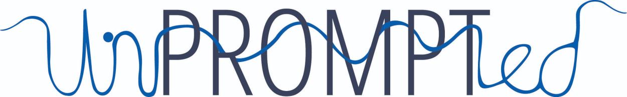 Minimal logo design for Unprompted combining structured and expressive typography. The word “PROMPT” appears in a clean, tall sans-serif typeface in dark navy blue, while a continuous hand-drawn blue line flows through and around the letters to form the “Un” prefix and the ending “ed.” The contrast between the rigid geometric typography and the loose handwritten line creates a visual tension between control and spontaneity, reflecting the project’s themes of human creativity, imperfection, and experimentati