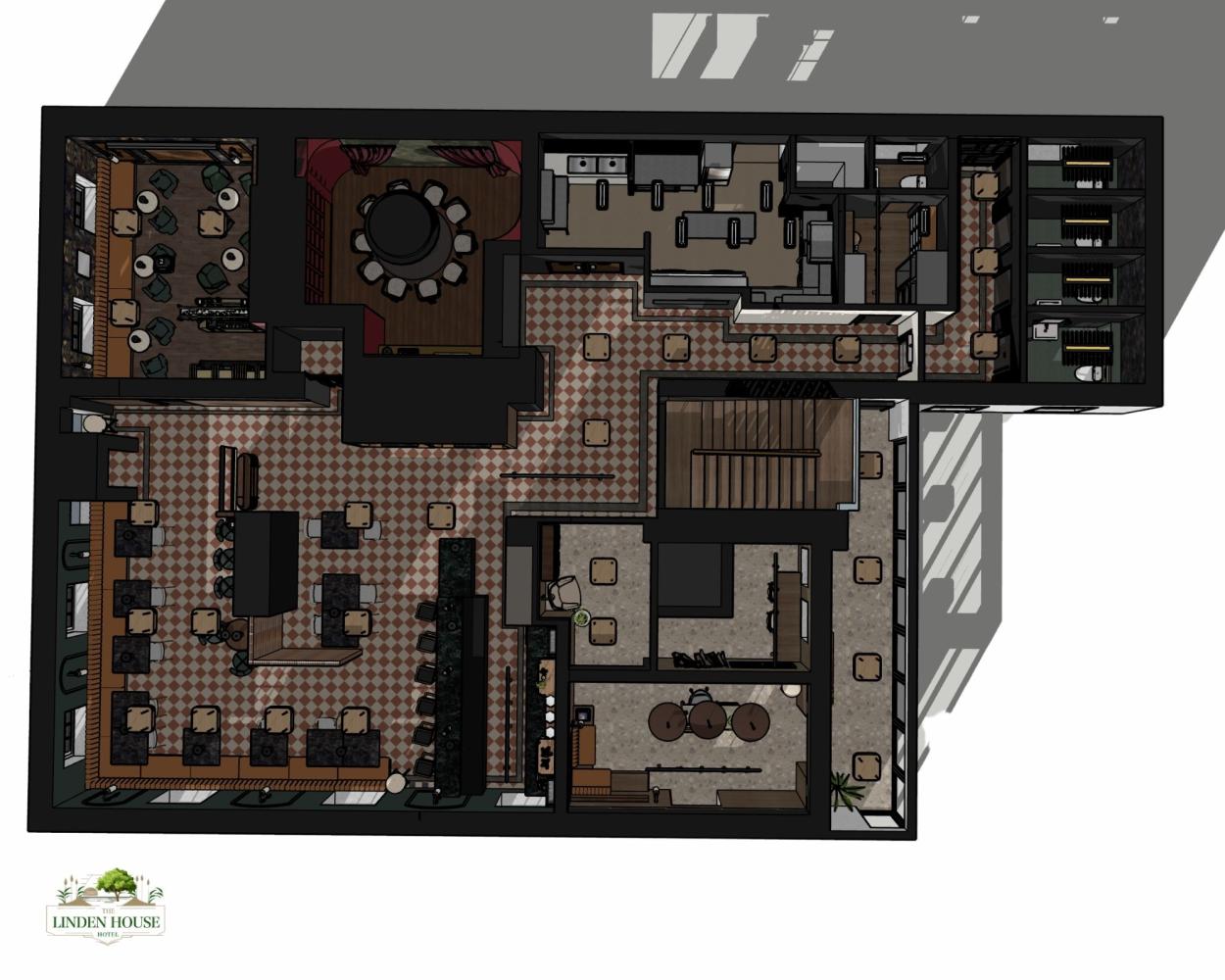 Image shows 3D SketchUp render of entire ground floor
