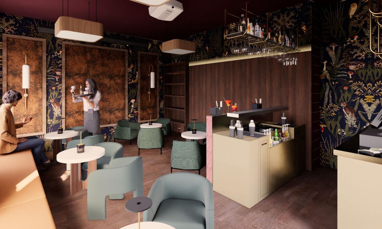 Image shows a 3D render of a cocktail bar 
