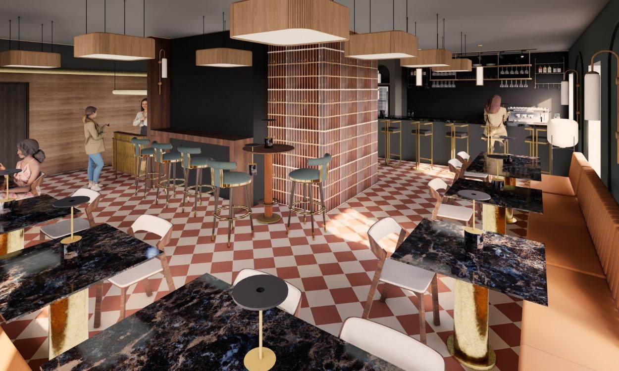 Image shows a 3D render of a restaurant 
