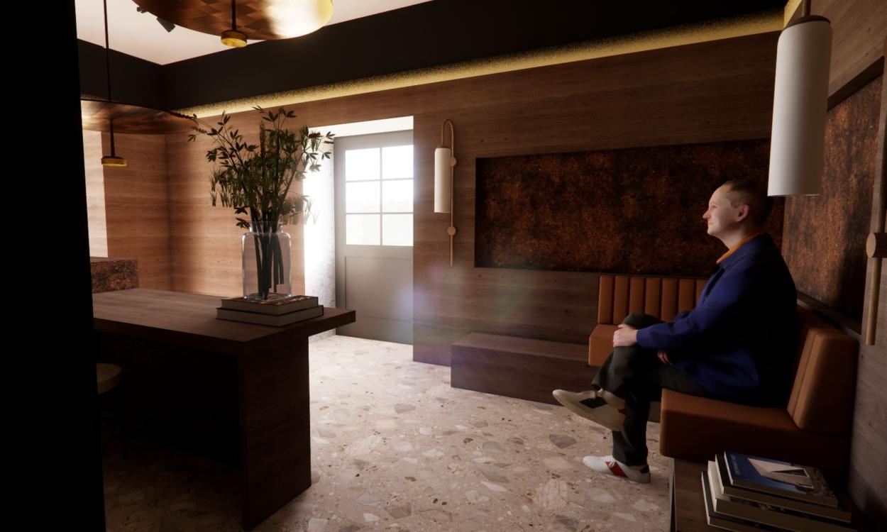 Image shows a 3D render of a reception area