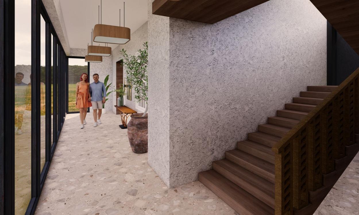 Image shows a 3D render of an glass extension to the building