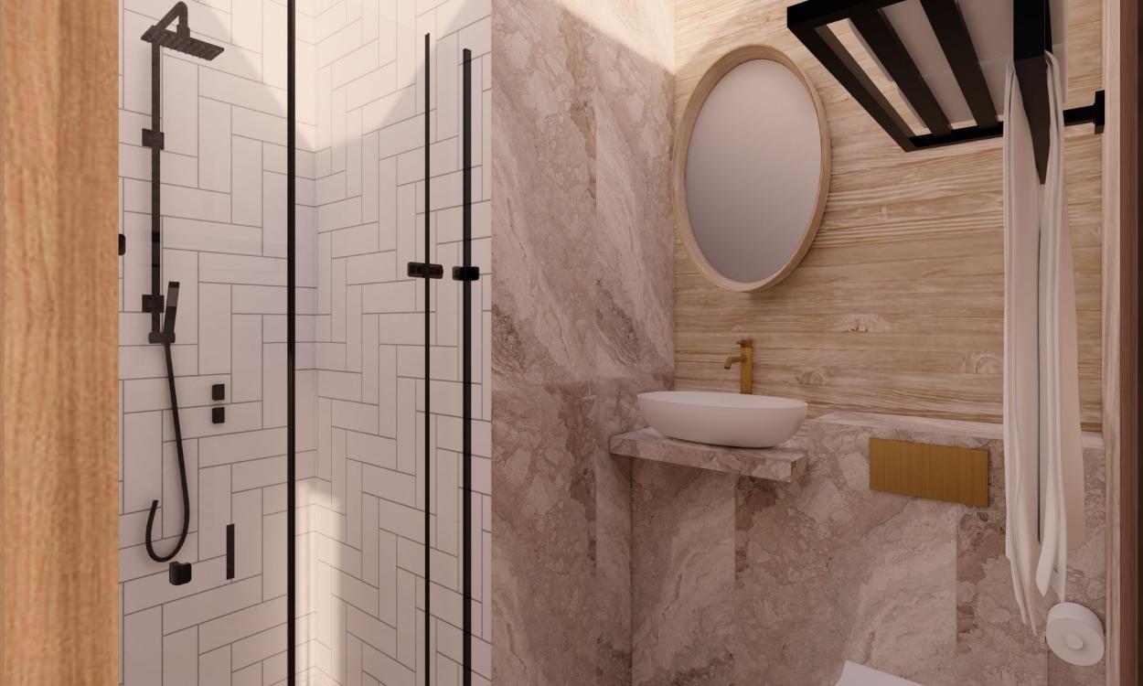 Image shows a 3D render of a Bathroom