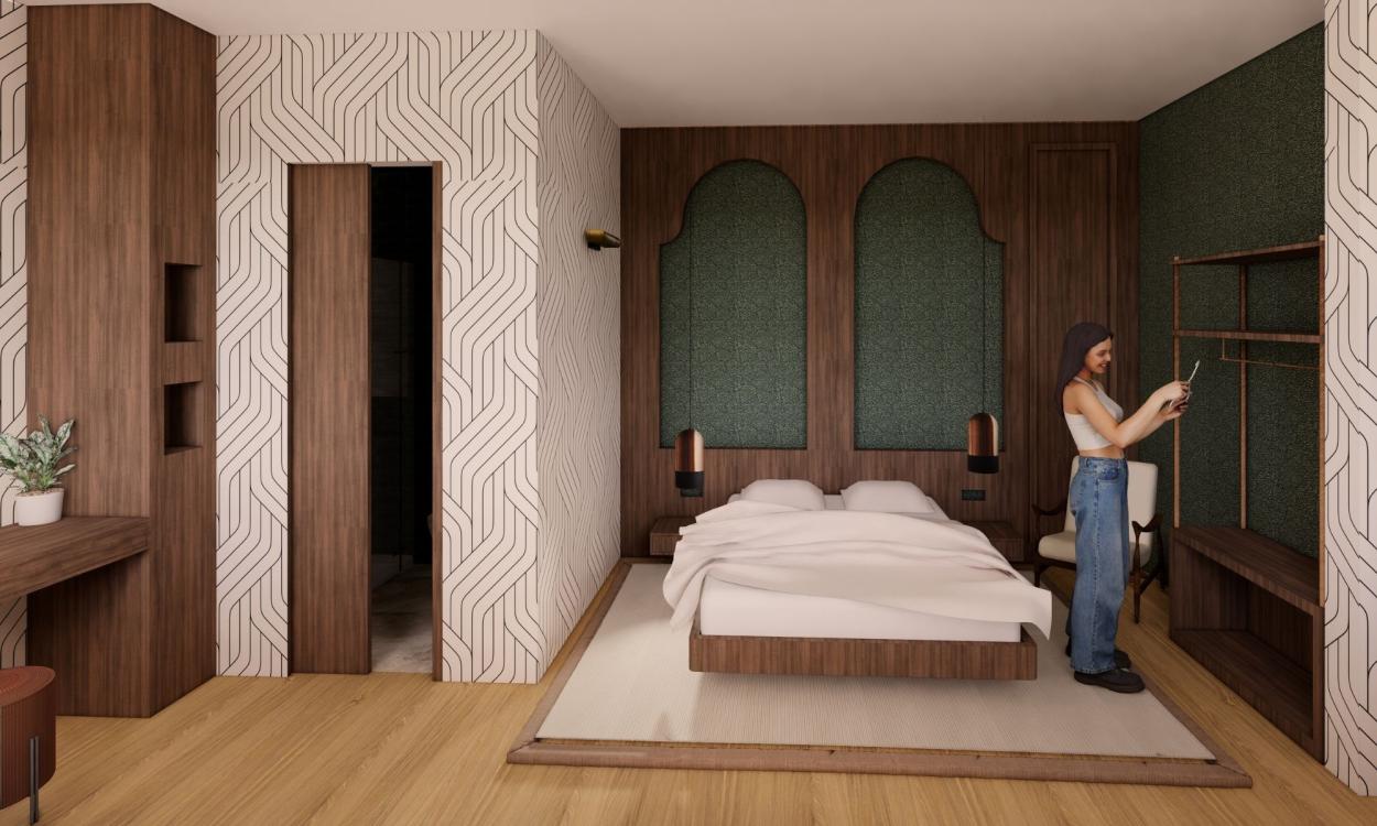 Image shows a 3D render of a bedroom