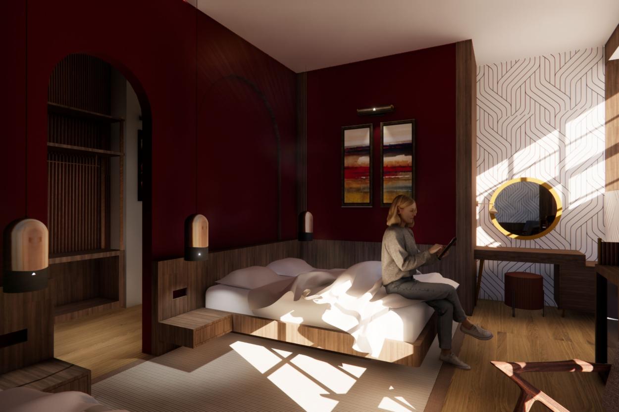 Image shows a 3D render of a Bedroom