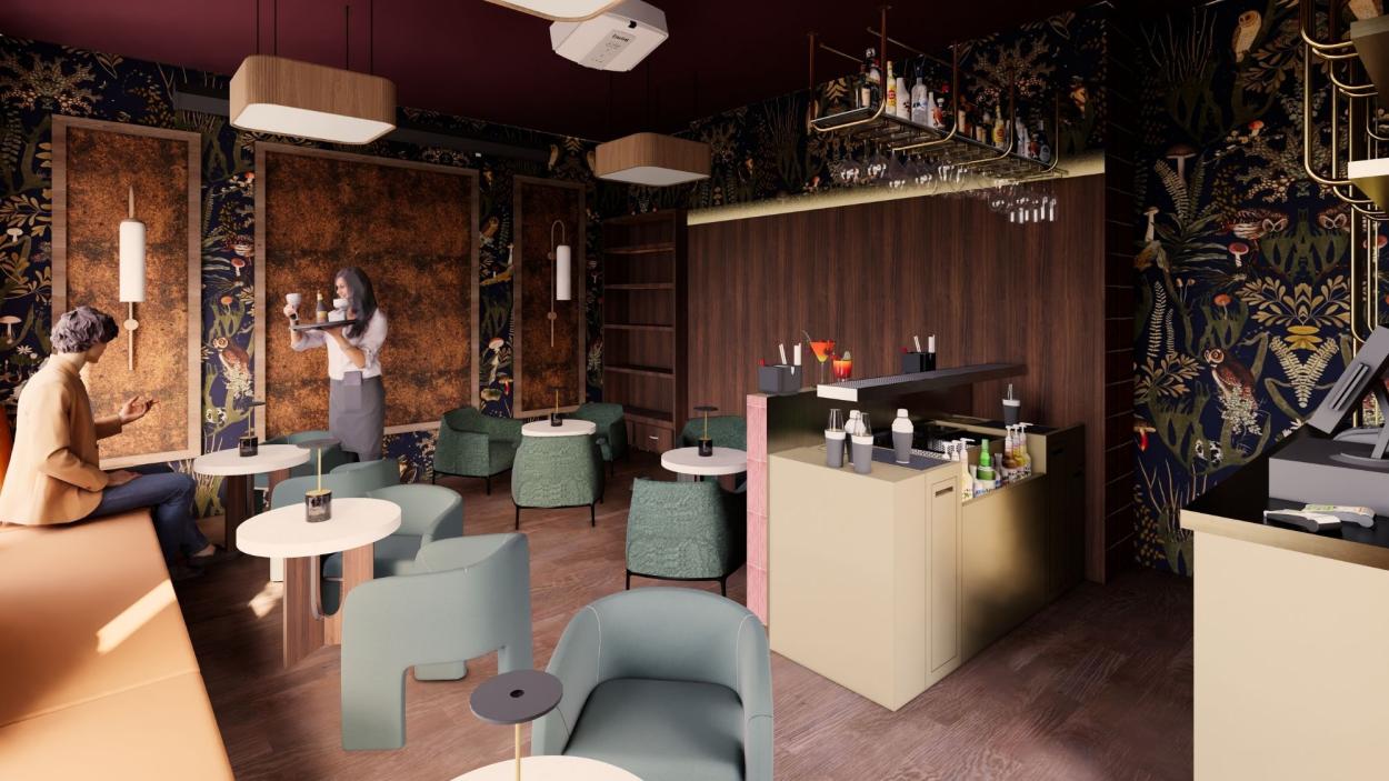 Image shows a 3D render of a cocktail bar