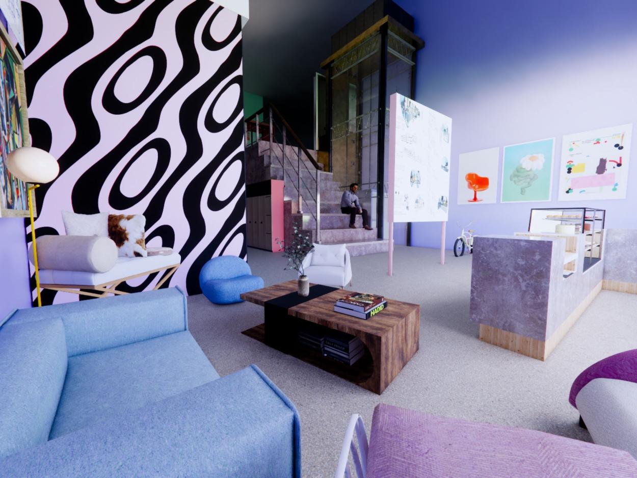 a bedroom with a blue background