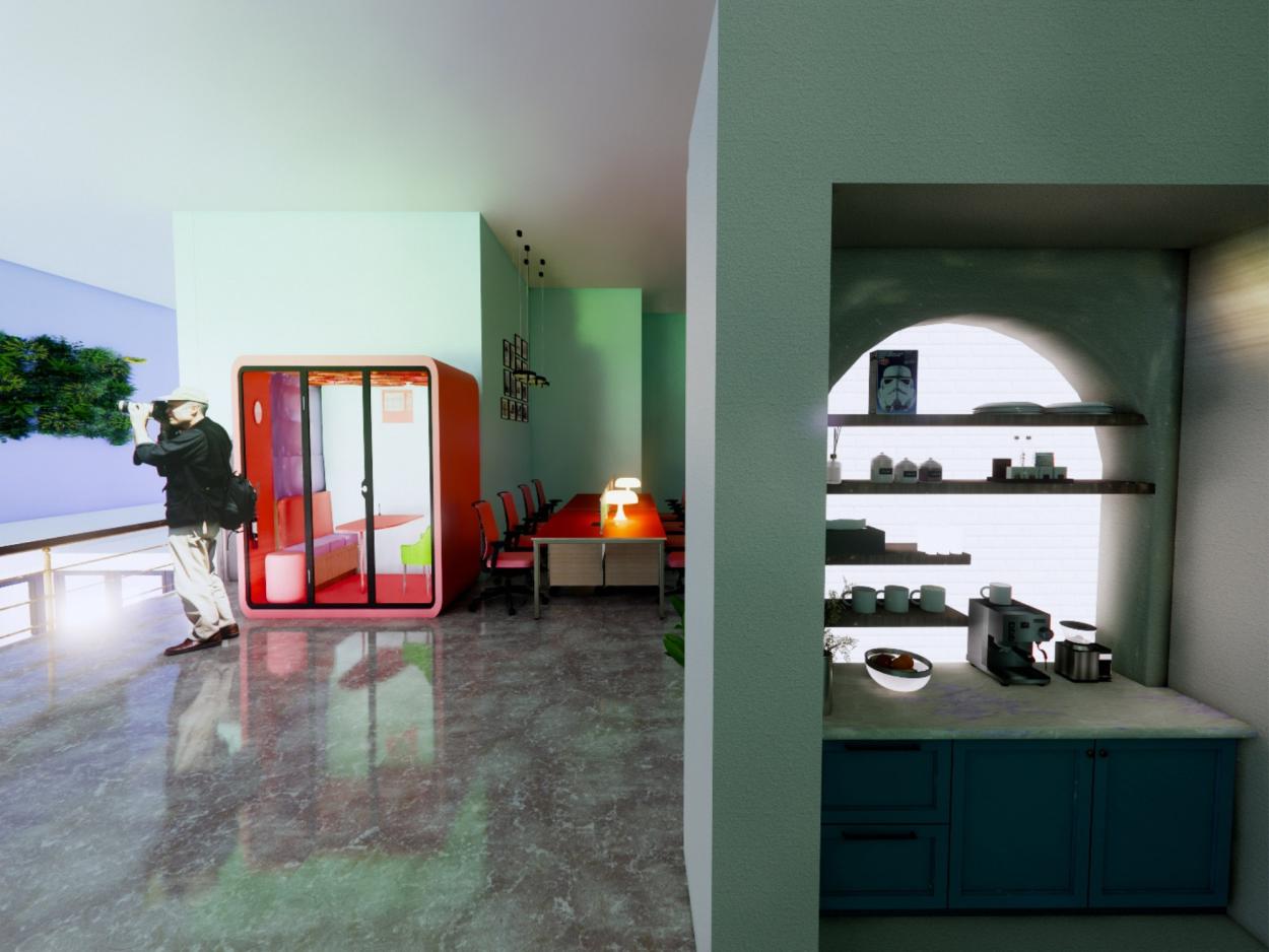 a room with a large mirror
