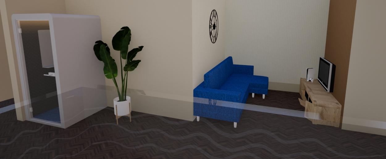 a bedroom with a blue background