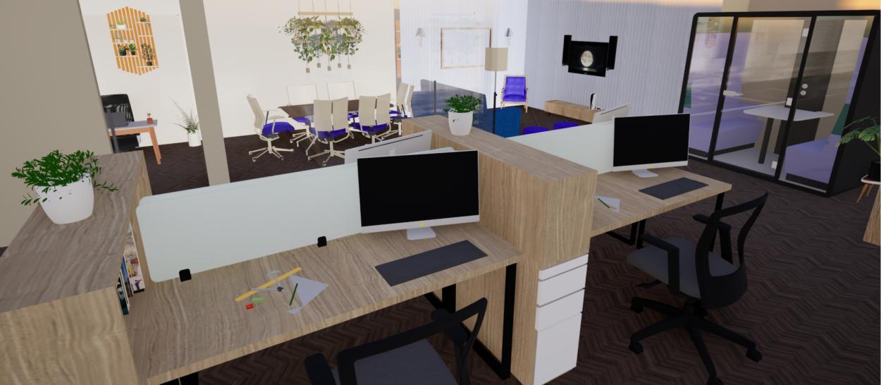 a desk with a laptop in a living room