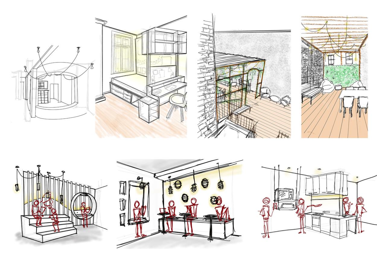 image shows several 3D development sketches