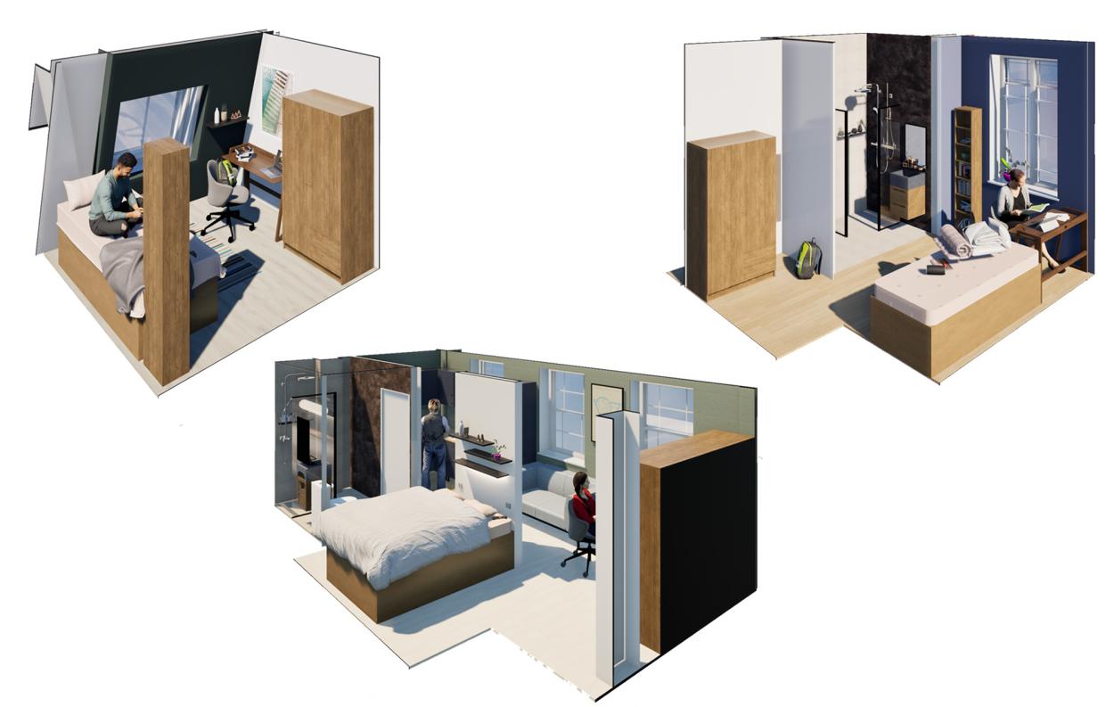 image shows 3 axonometric views of the different bedroom types.