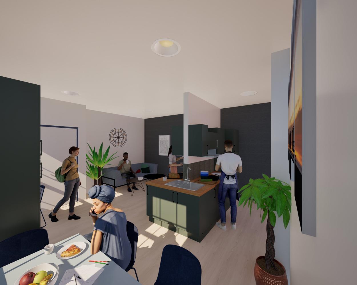 image shows a 3D view of the first floor shared kitchen