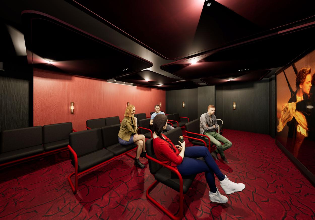 image shows a 3D view of the cinema room located on the basement.