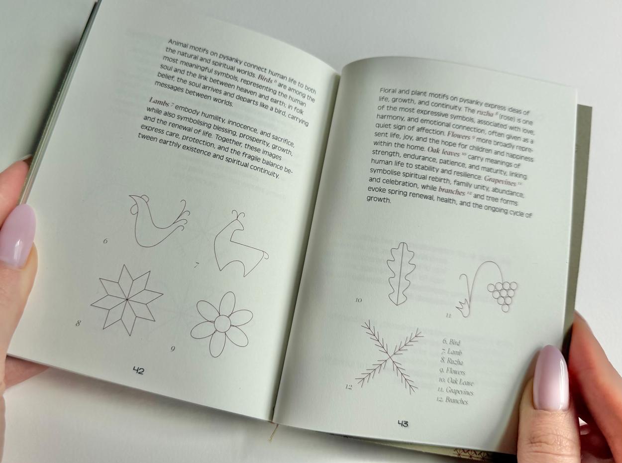 Book spread showing simple line drawings of traditional pysanka motifs with explanatory text. The left page features animal symbols including birds and lambs while the right page shows floral and plant motifs including oak leaves, grapevines, and branches, with a legend identifying each symbol.