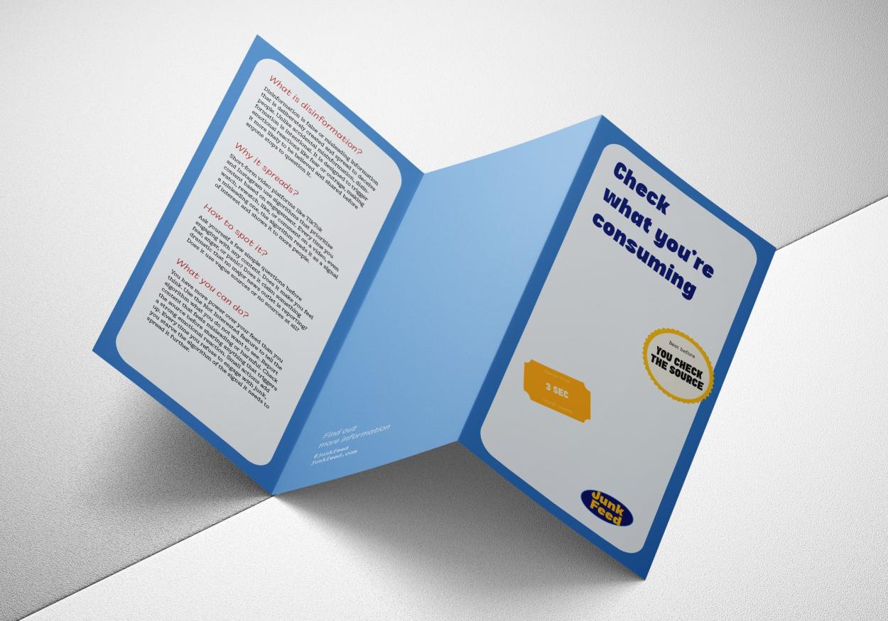 Tri-fold brochure mockup in blue and white with "Junk Feed" branding. The front panel reads "Check what you're consuming".