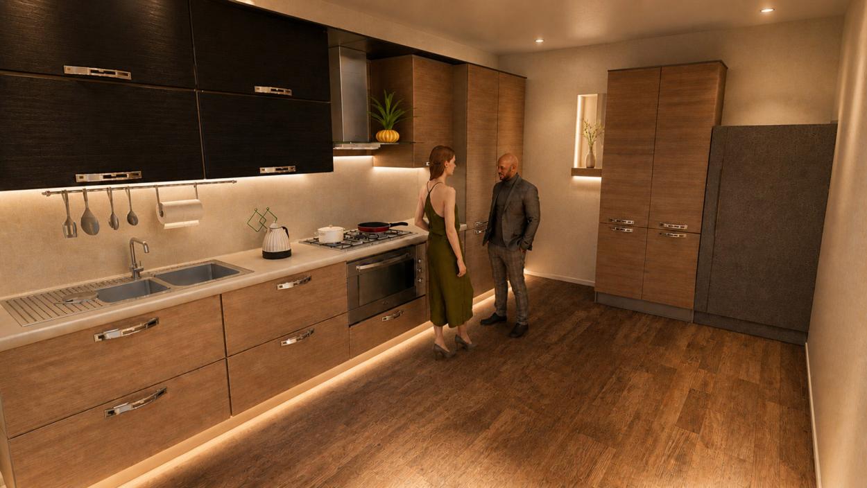 a kitchen with a sink and a mirror